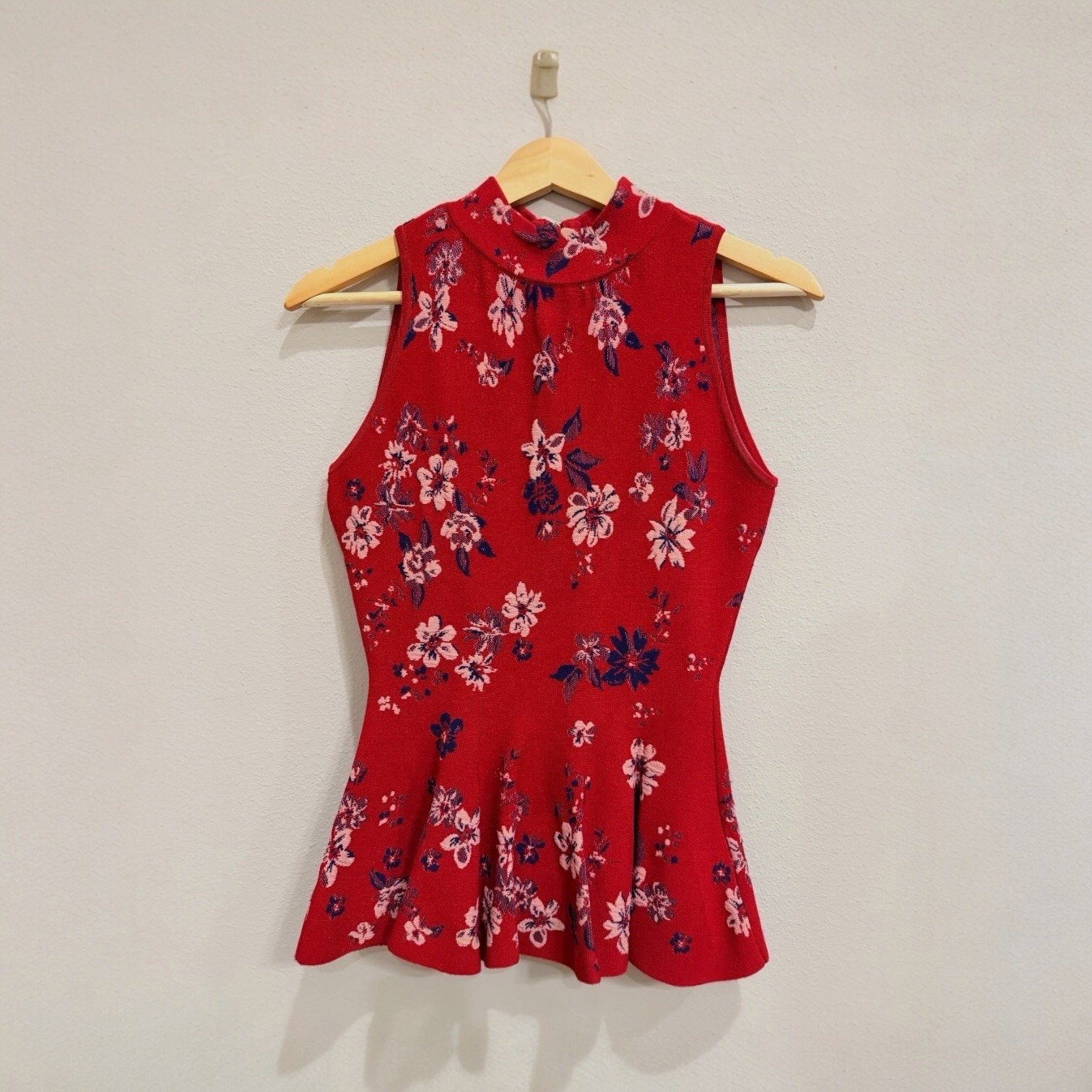 Milly Twilight Sleeveless Peplum Stretch Knit Top Red Floral Size Small
